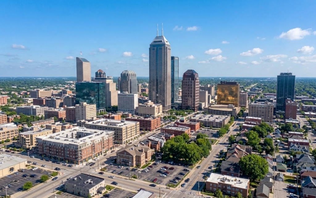 Aerial view of downtown Indianapolis and the neighborhoods around it, Central Indiana
