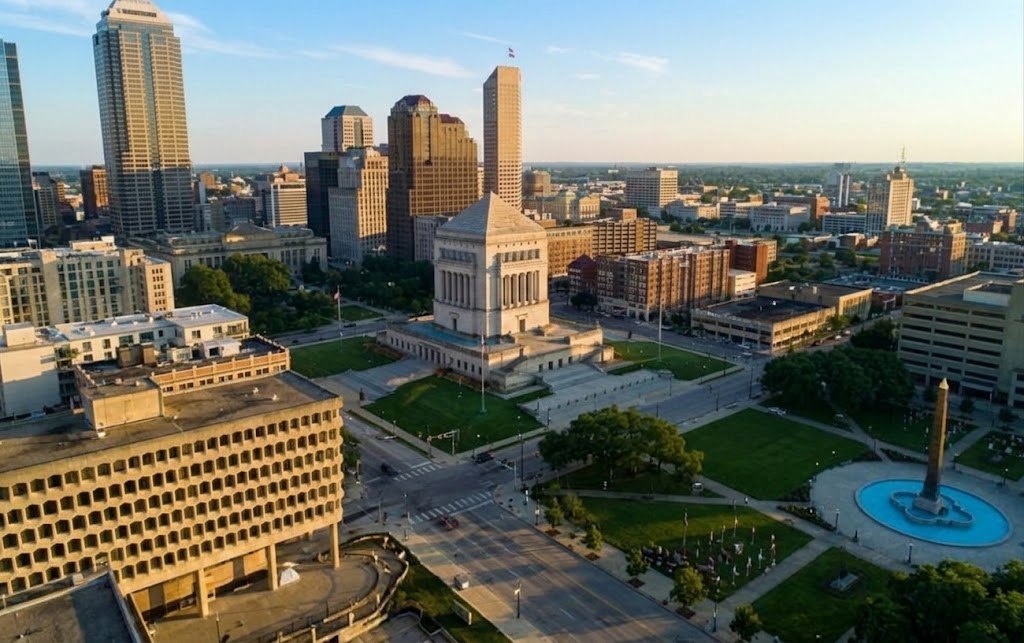 Downtown Indianapolis and the Indiana World War Memorial in Marion County, Indiana