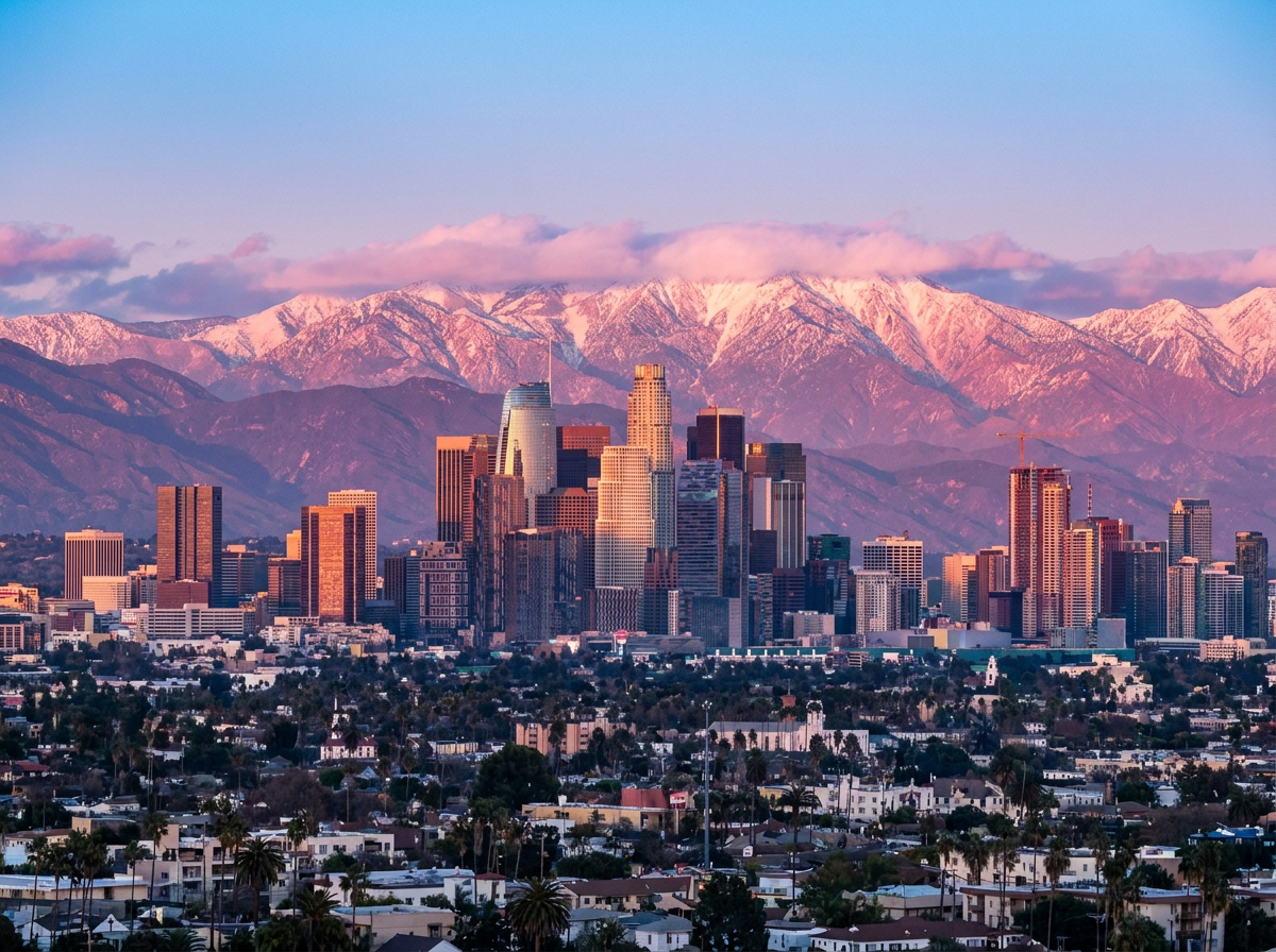 Los Angeles downtown skyline with the San Gabriel Mountains &mdash; title search services