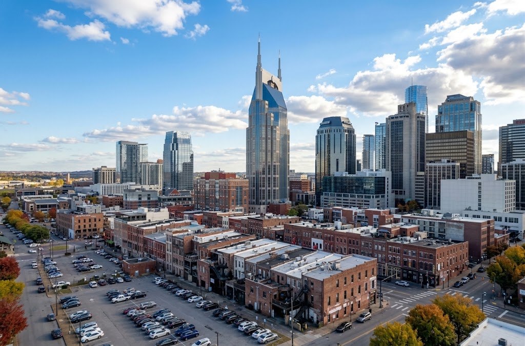Downtown Nashville skyline above the Broadway warehouse district &mdash; property title search in Nashville, TN